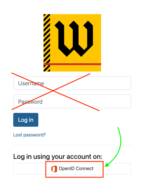 Training login screen with arrow pointing to OpenID Connect button